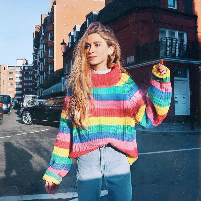 Women Colorful Rainbow Stripe Turtleneck Sweater INS Fashion Girls Pullovers Spring Knitwear Loose Jumpers | Женская одежда