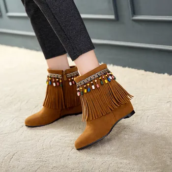 

Vogue Women Boots Tassel Retro Boots Women Nice Winter Solid Female Shoes Casual Wedegs Mid Calf Boots Bota Feminina