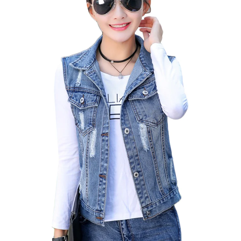 

Plus size 4XL 5XL Spring Summer Short Denim Vest Women 2019 Casual Slim Sleeveless Hole Jeans Jackets Coats Female Waistcoat Z95