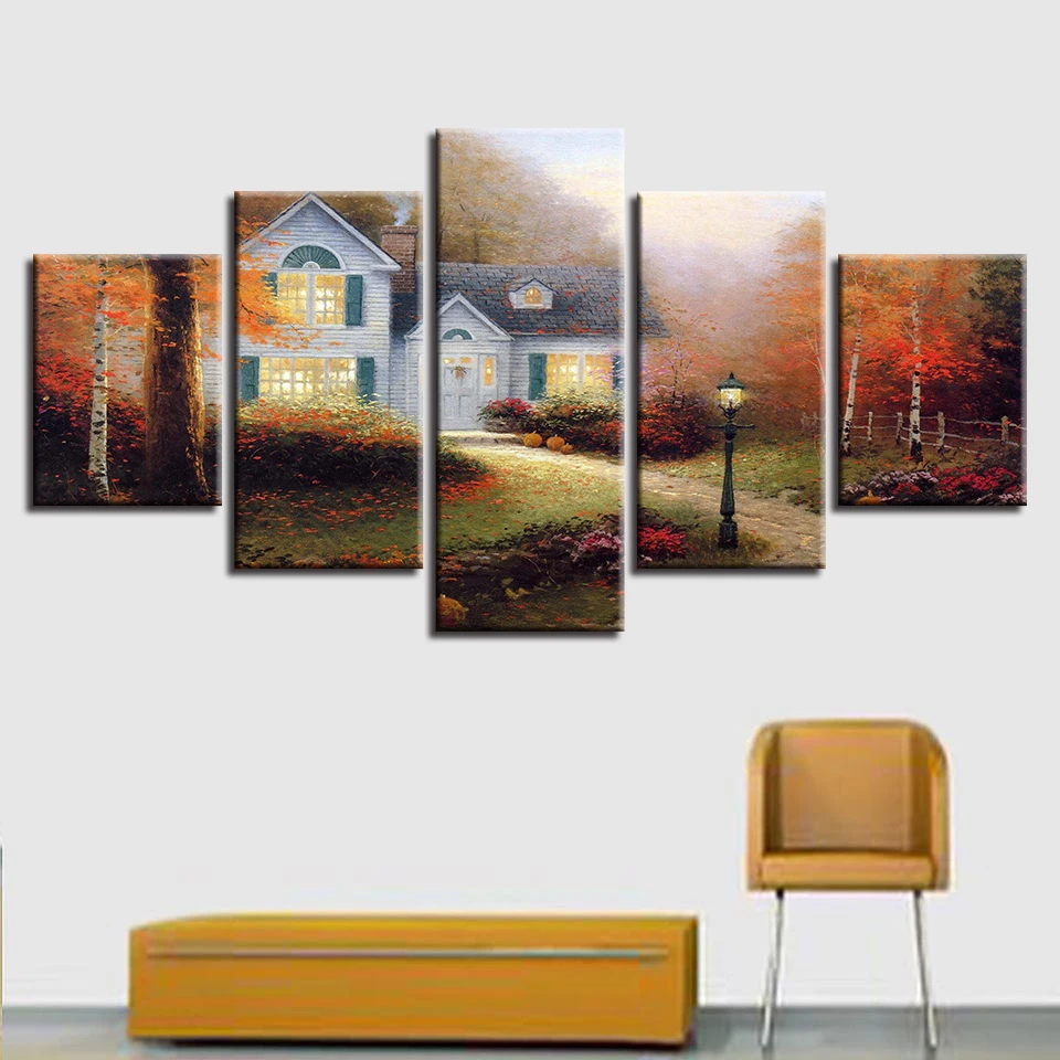 Impresion Hd Marco Lienzo Pinturas Pared Arte 5 Panel Arbol Casa