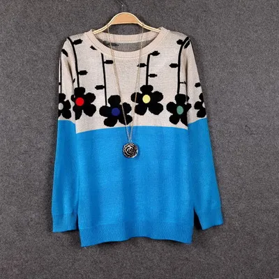 Новая мода, свободный стиль, женский весенний свитер, вязанная верхняя одежда с длинным рукавом, цветочный свитер, пуловер, женские топы - Цвет: Небесно-голубой
