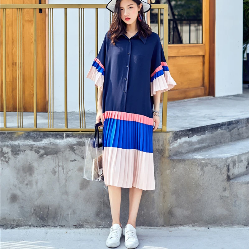 

Contrast pleated bell sleeve dress spring summer 2019 new women's lapel Single-breasted shirt over the knee splice dress le40