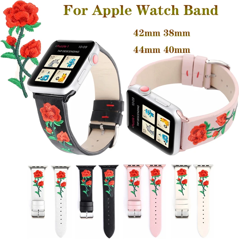 

Embroidery Rose Bracelet strap for apple watchband 4 44/40mm Leather men/women watch accessories for iwatch Series 3 2 1 42/38mm
