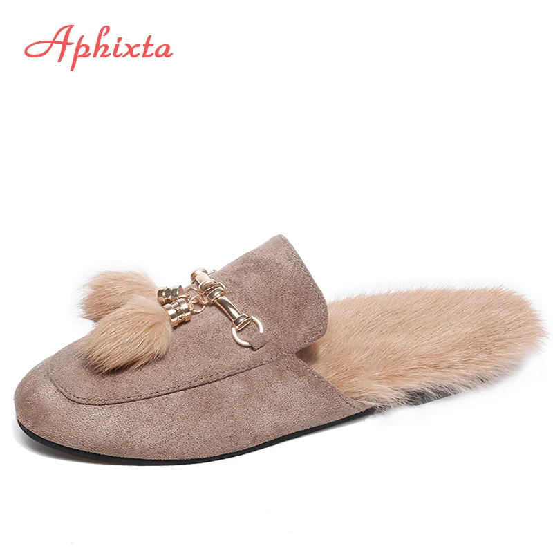 Women's Flat Mules Slippers With Fuax Fur And Rabbit Hair, Warm And  Lightweight