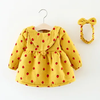 

2017 new sweet girl baby strawberry printed winter dress with headband kids girls princess coats jackets child wear