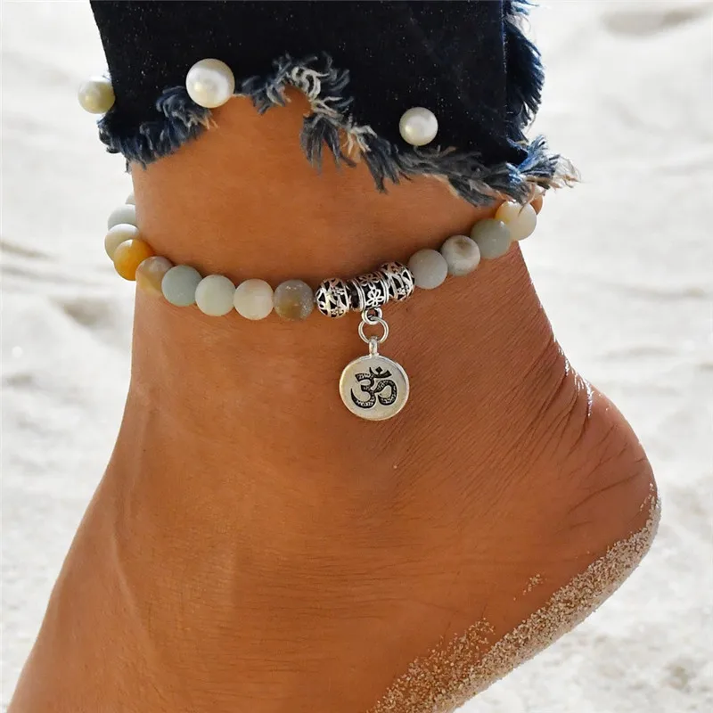 

Modyle Bohemian Bead Anklets for Women Vintage Silver Color Beads Pattern Pendant Foot Ankle Sexy Beach Jewelry