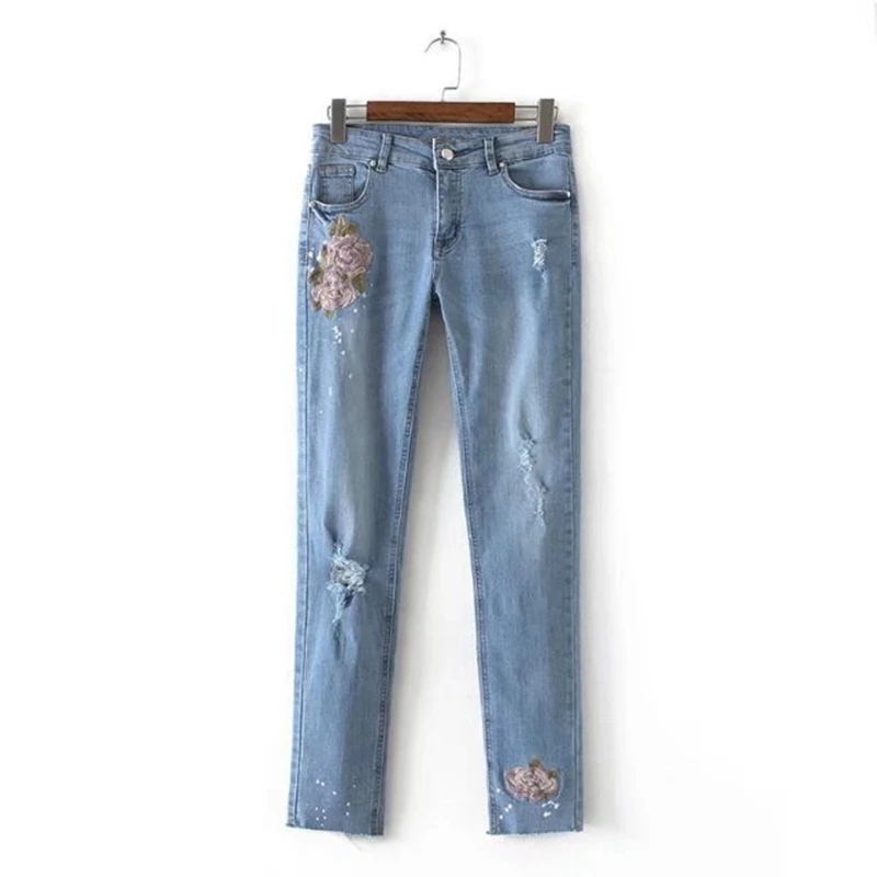 

Fashion Rose Embroidery Jeans Slim Fit Trousers Elastic Skinny Jeans Female Pencil Pants Woman Ripped Jeans Women's Denim Hole