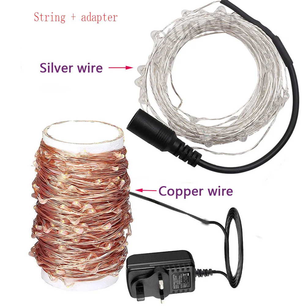 Светодиодный Сказочный гирляндовый светильник 100/200 В постоянного тока, медный, серебряный, медный, вечерние, теплый белый/синий/RGB, адаптер питания для ЕС/США/Великобритании
