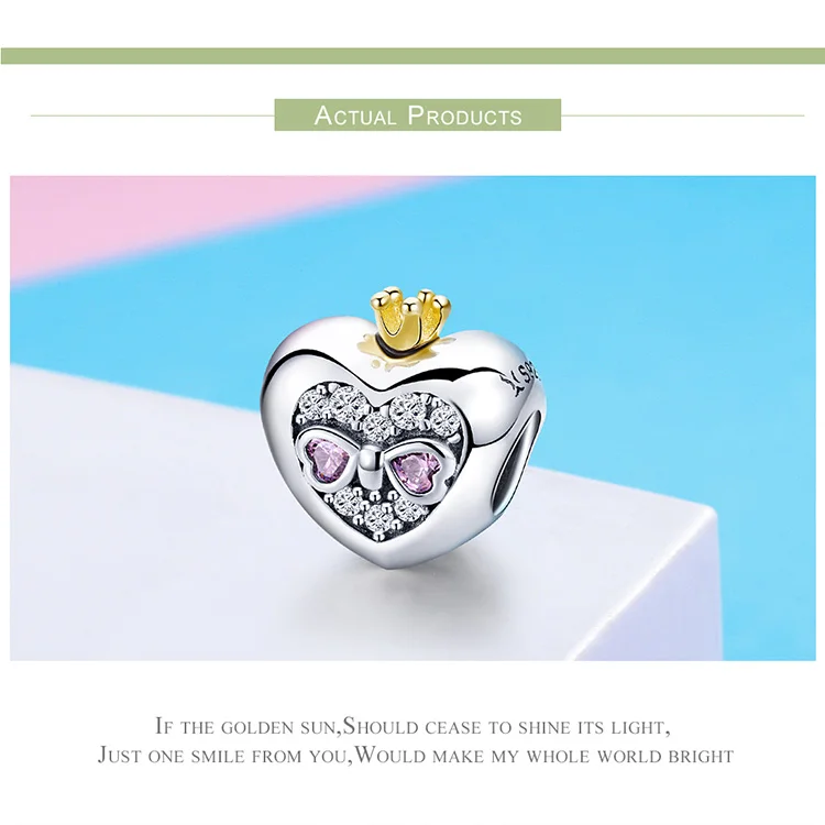 WOSTU Настоящее серебро 925 проба Шарм бусины подходят бренд Браслет Подвески самодельные ювелирные принцесса сердце с розовым CZ C734