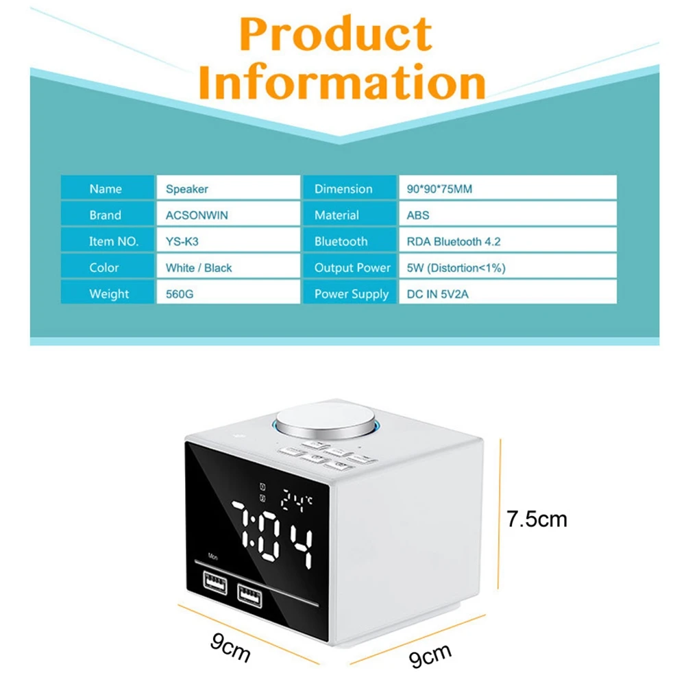 MOCH-EU Plug 1 комплект Bluetooth изменение цвета будильник fm-радио с Usb зарядкой и громкоговорителем белый