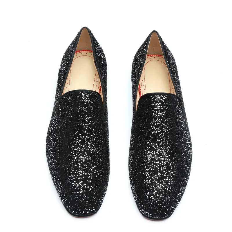 

2019 Plain Black Sequins Flat Slip-on Loafers Smoking Dress Shoes Shining Glitter Sapatos Handmade Fashion Male Casual Shoes