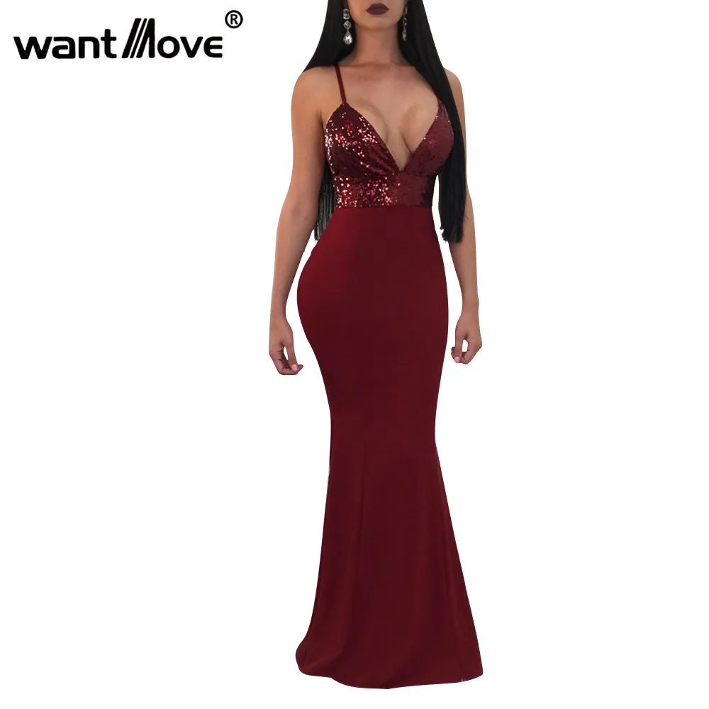 

Wantmove women sequins sleeveless maxi dress sexy deep v neck spaghetti strap mermaind black wine red evening long dresses WM147
