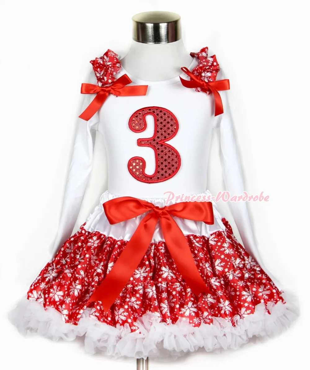 

Xmas Red Snowflakes Pettiskirt 3rd Sparkle Red Birthday Print White Long Sleeve Top Red Snowflakes Ruffles and Red Bow MAMW266