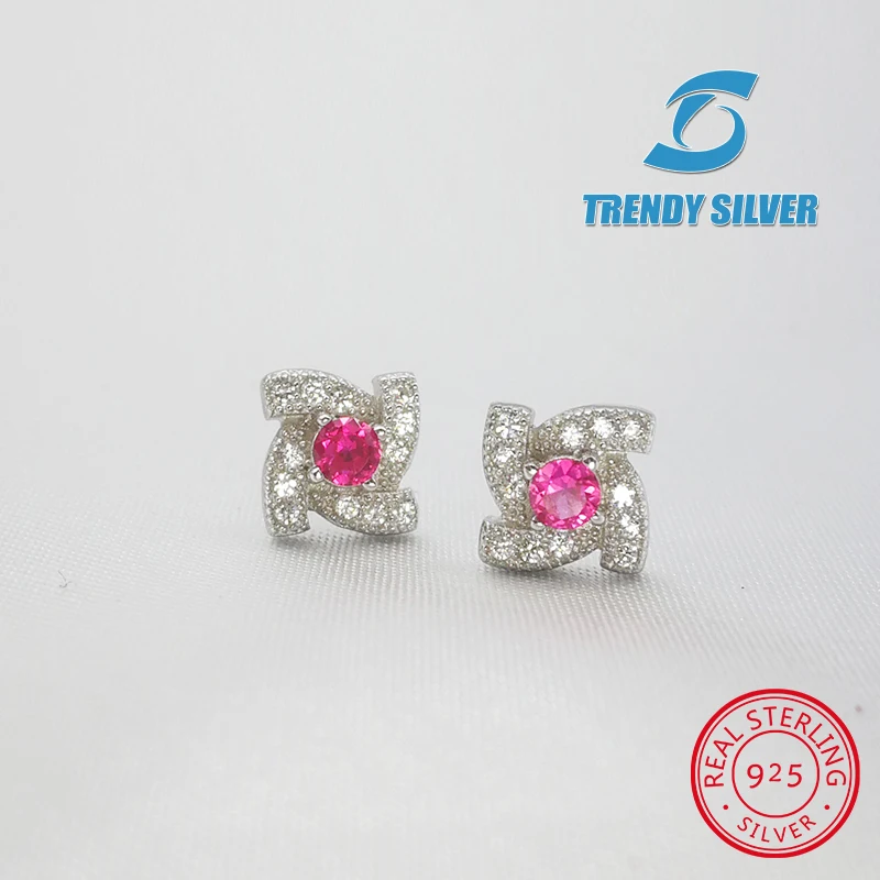 

ruby color cubic zircon stub earrings with stones for woman girl 925 sterling silver jewelry flower Valentine's gift windmill