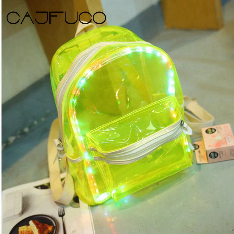 

CAJIFUCO Campus LED Clear Backpack Transparent PVC School Bag Wild Girl Party Night Backpack Women Travel Beach Bag Mochila