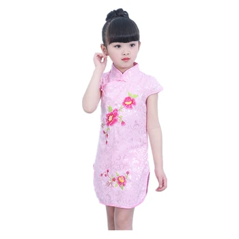 

2020 New Summer New Girls Qipao Dresses Chinese Traditional Red Pink White peony Flower Cheongsams Girls Slim Mini Qipao Dress