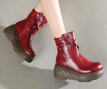 

National Style Leather Retro Wedge with Cotton Boots Middle Boots Women's Boots Thick-Soled Winter Boots Women's Shoes