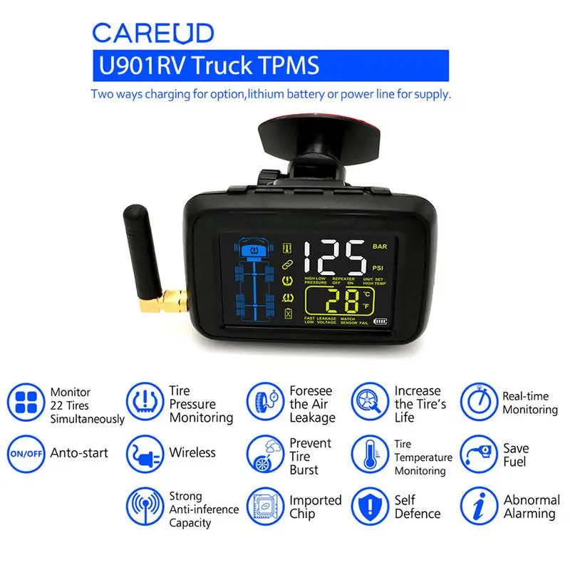 

CAREUD Cars Trucks TPMS Car Wireless Tire Pressure Monitoring System LCD Battery Replaceable Real-time Safety Highly Accurate