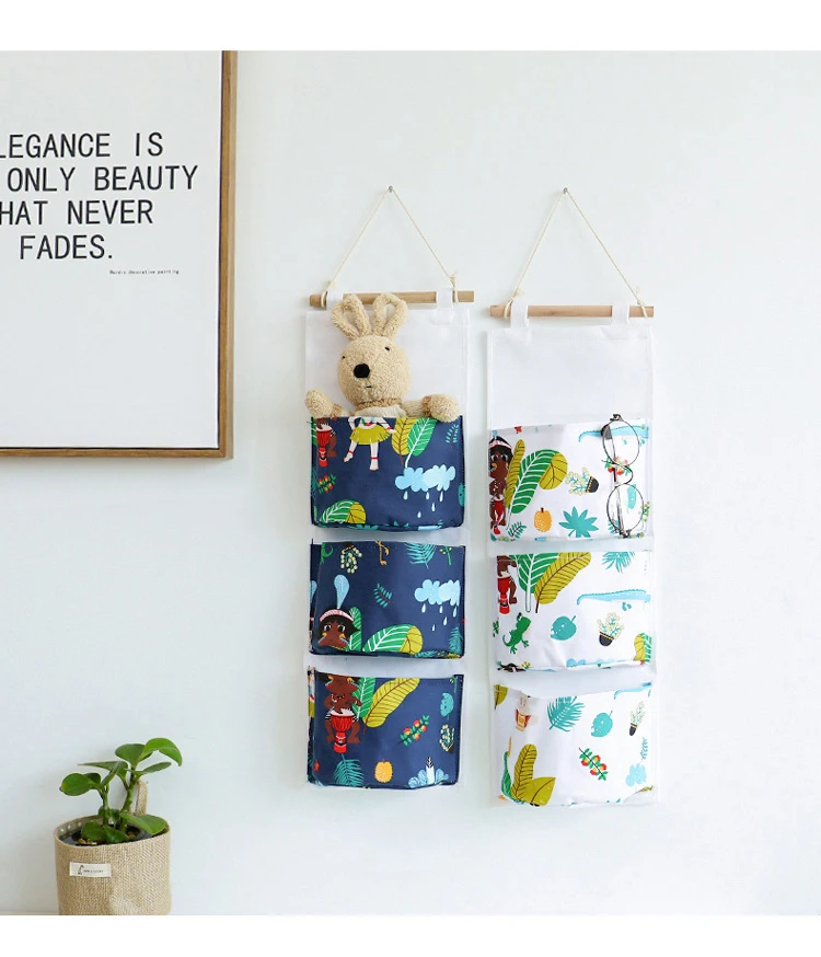 Two Colour Cotton Linen Hanging Storage Bag 3 Pockets Wall Mounted Wardrobe Hang Bag Wall Pouch Cosmetic Toys Organizer (5)
