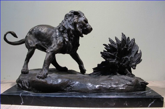 

150401 S0010 Art Copper Bronze Figurine Foo Dog Lion Hedgehog Marble Base Statue Sculpture