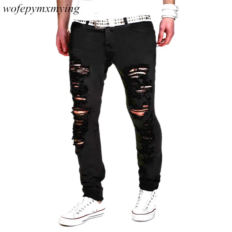 Street Side Fashion Damaged Denim Distressed Jeans Slim Fit Ripped Skinny Jeans for Men High Quality Biker Cargo Black Jeans