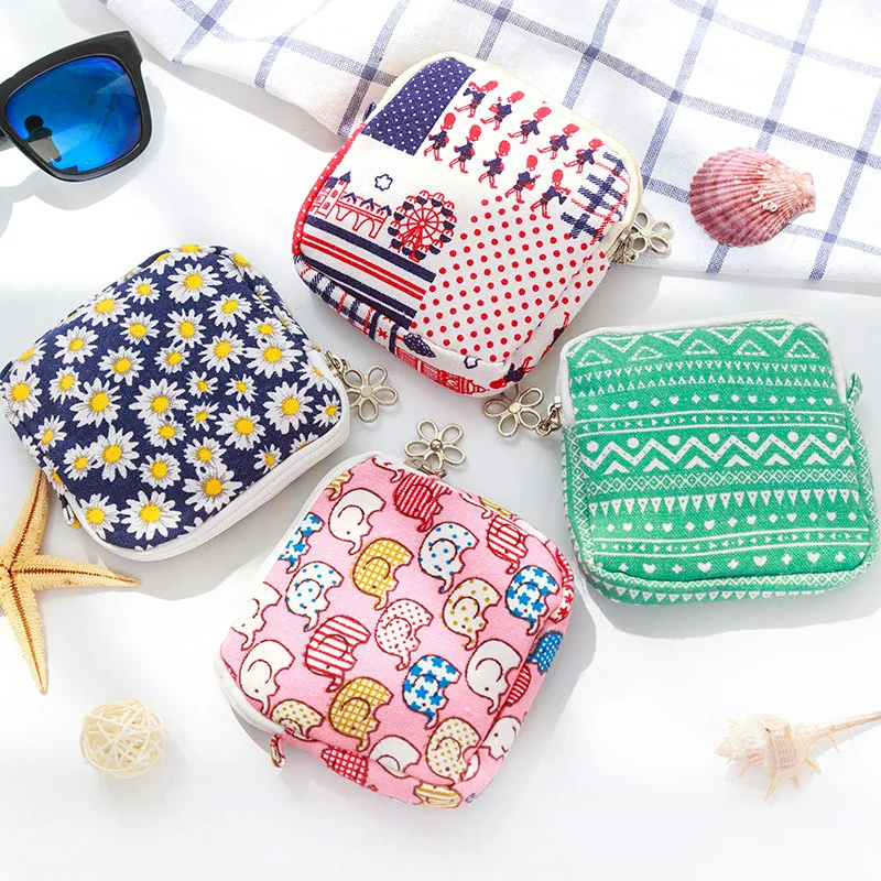 

Newest Cute Mini Floral Canvas Coin Cases Keys Bags Card Change Purse Zip Wallets Sanitary cotton storage bag