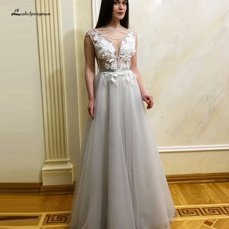 

Lakshmigown Grey Tulle A Line Wedding Dress Boho Robe de mariage 2019 Sexy Lace Beading Bridal Gown Floor Length Brautkleid