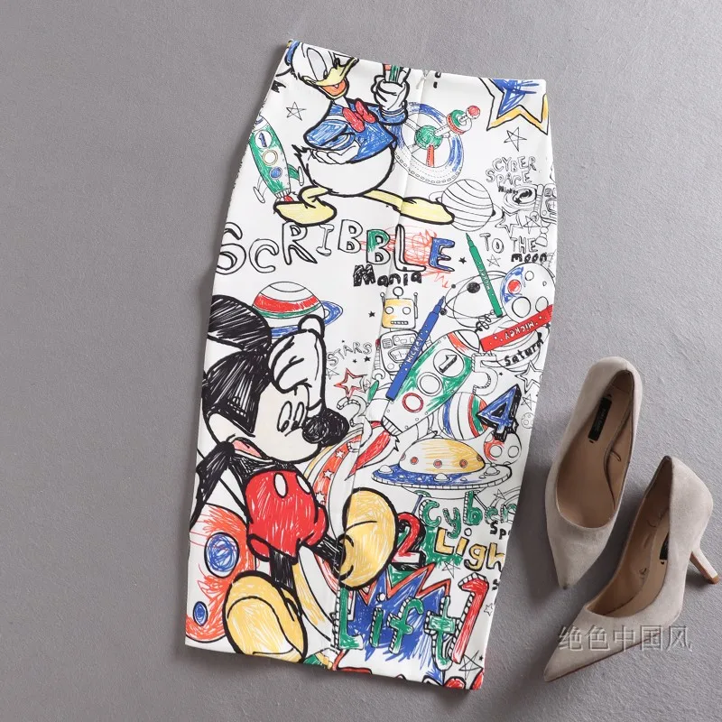S-2XL 7Mang, юбка с высокой талией и рисунком Микки Мауса, женские юбки до колен, Harajuku Street Kwaii, эластичная юбка-карандаш, 0506