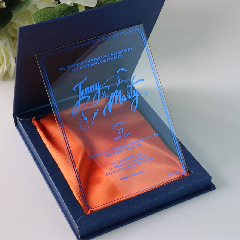 

Sample Personalized Luxury Clear Acrylic Wedding Invitation with foiling gold and personalized boxes