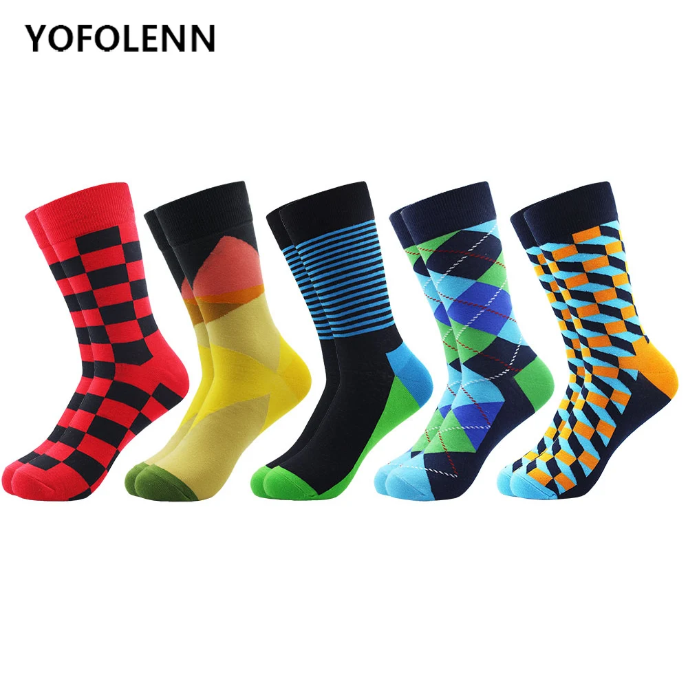 

5 pair/lot Men's Funny happy Socks Argyle Combed Cotton Socks Colorful Stripe Grid Long Tube Geometric Art Socks