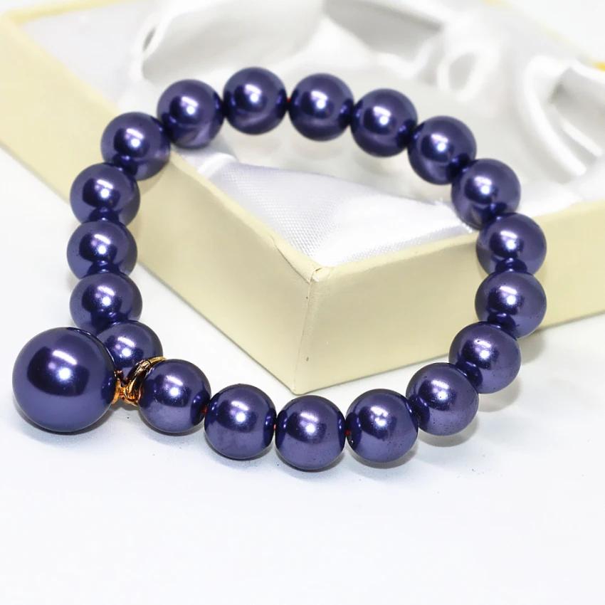 

10mm purple imitation shell pearl round beads elegant bracelet for women party gift elastic rope jewelry 7.5inch B1710