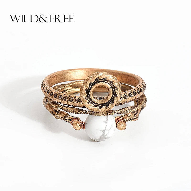 WILD &amp FREE старинных золотых Цвет узор белый камень кольцо на палец комплекты колец