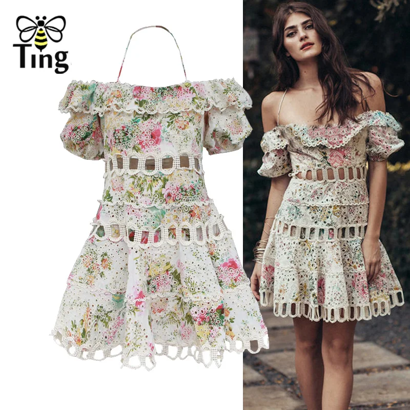 

Tingfly Designer Runway Embroidery Floral Mini Dress Summer Short Cold Shoulder Slash Neck Lace Hollow Cut Out Party Dresses