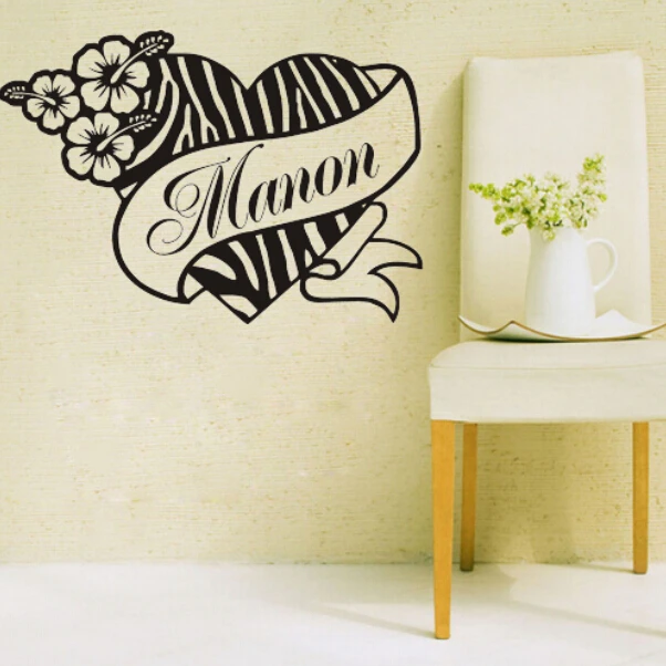 Personalized Zebra Print Heart Flower Hibis Custom Name Vinyl Wall Decal Sticker