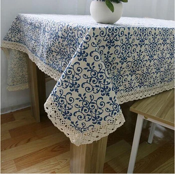 

Retro Blue and White Table Cloth with Lace Cotton Print Chinese Style Rectangular Dinning Tablecloths Cover Home Decor
