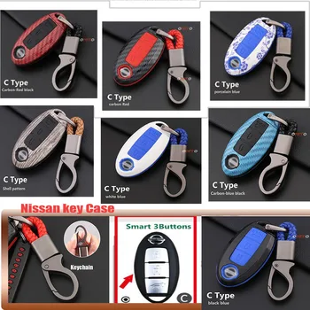 

TOP 1set For Nissan accessories 3buttons With Auto key Chain Carbon car Key Fob Cover Case key shell bag Carbon Black Red Blue