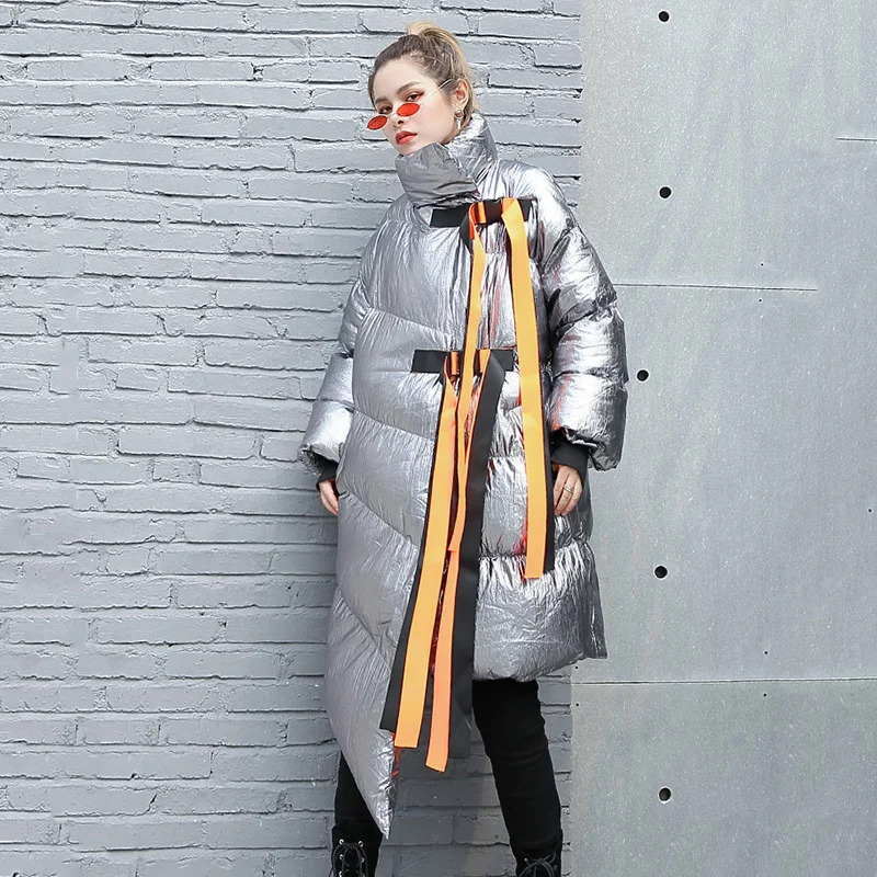 [EAM] 2019 New Spring Stad Collar Long Sleeve Cotton-padded Large Size Ribbon Stitch Irregular Hem Coat Women Parkas JI2