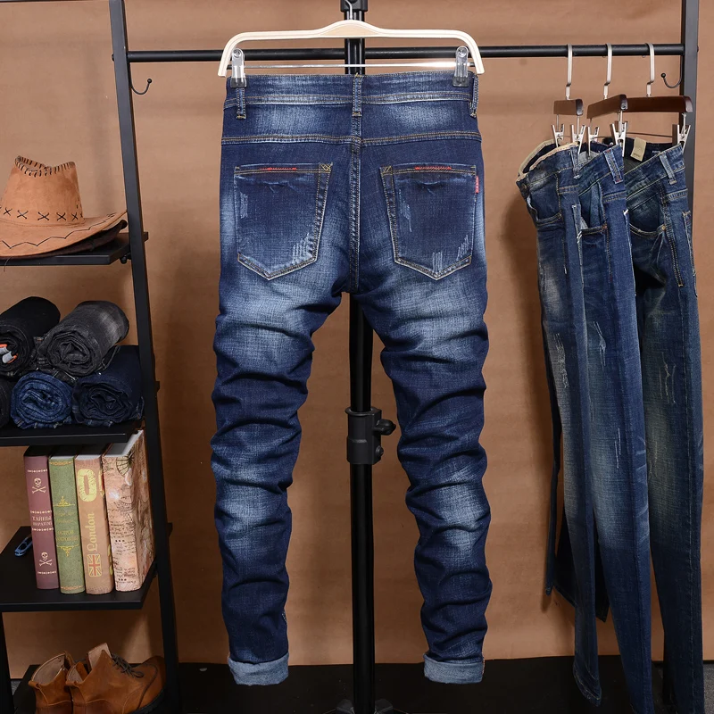 Для мужчин эластичный рваные джинсы с прорезями отверстие тощий тесьмой Slim Fit деним поцарапанные высокое качество джинсы для женщин Летняя мода