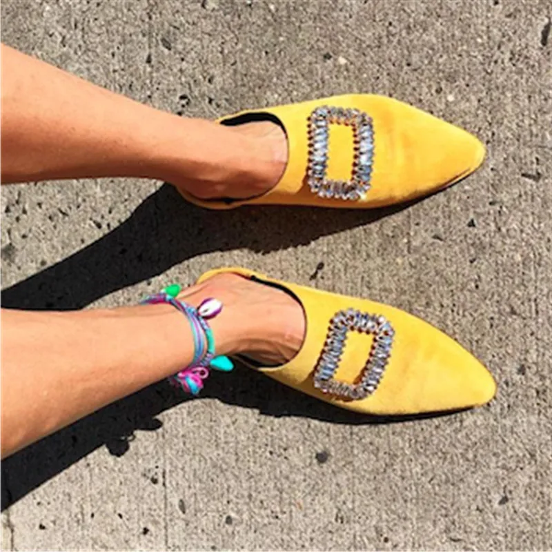 

Crystal Buckle Women Mules Shoes Pointed Toe Dress Lazy Ladies Ballet Flats Shoes Bab Strass Loafer Suede Slipper Zapatos Mujer
