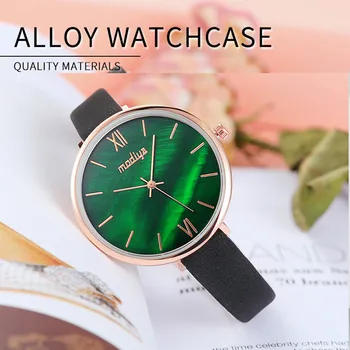 

Fashion Women Watches Simple Green Ultra-thin Dial PU Leather Roman Numeral Pointer Quartz Round Wrist Watch zegarki damskie