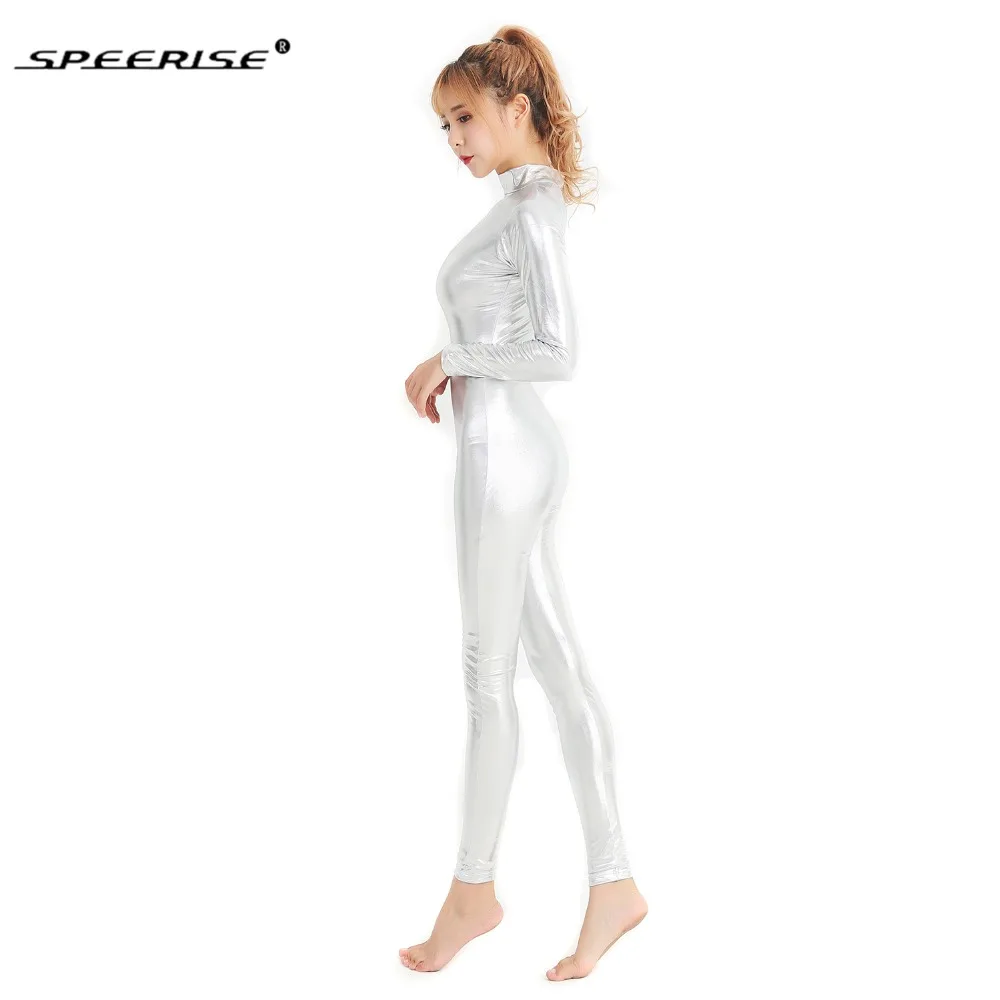 SPEERISE Women Silver Shiny Metallic Long Sleeve Full Body Unitards Zentai Cosplay Spandex Catsuits Dance Gymnastic Stage Wear
