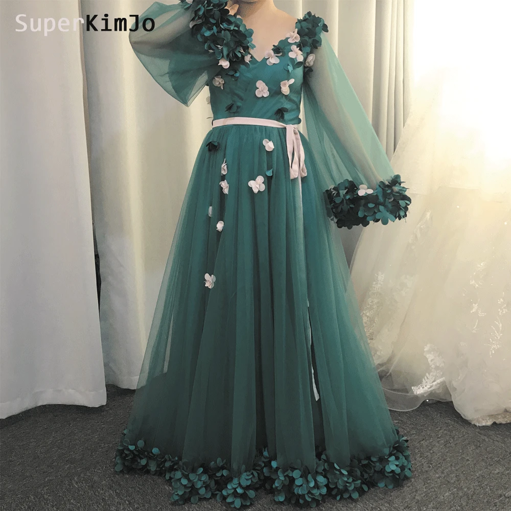 

SuperKimJo Robe De Soiree Handmade Flowers Prom Dresses 2019 Long Sleeve V Neck Green Prom Gown Vestido De Festa De Longo