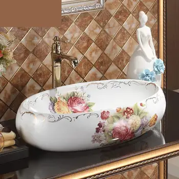 

China Painting rose Ceramic Painting Art Lavabo Bathroom Vessel Sinks oval Countertop bathroom sink bowls ceramic wash basin