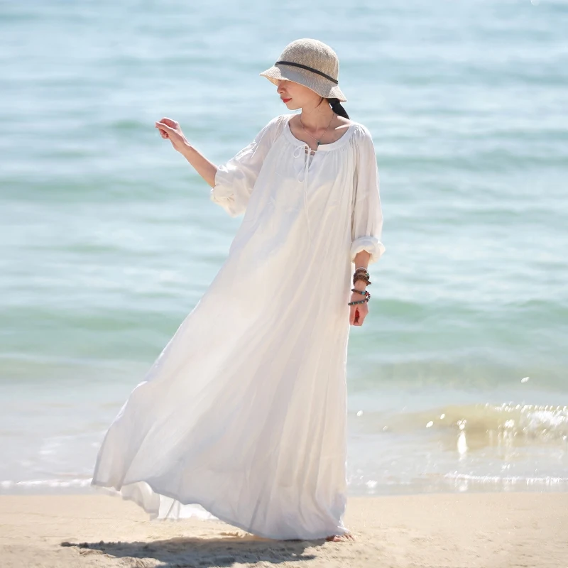 

LZJN White Maxi Beach Dress Long Sleeve Women 2019 Spring Autumn Cotton Linen Robe Lace Up O Neck Soft Mori Girl Dresses 7255