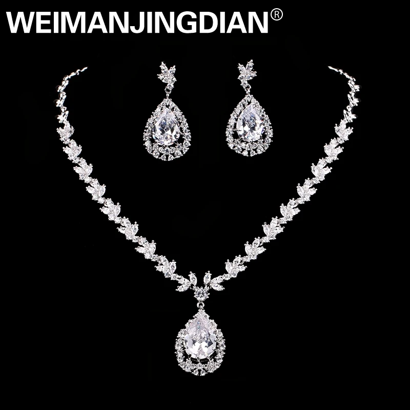

WEIMANJINGDIAN Brand Large Teardrop Cubic Zirconia CZ Necklace and Earring Bridal Jewelry Set in White Gold Colour