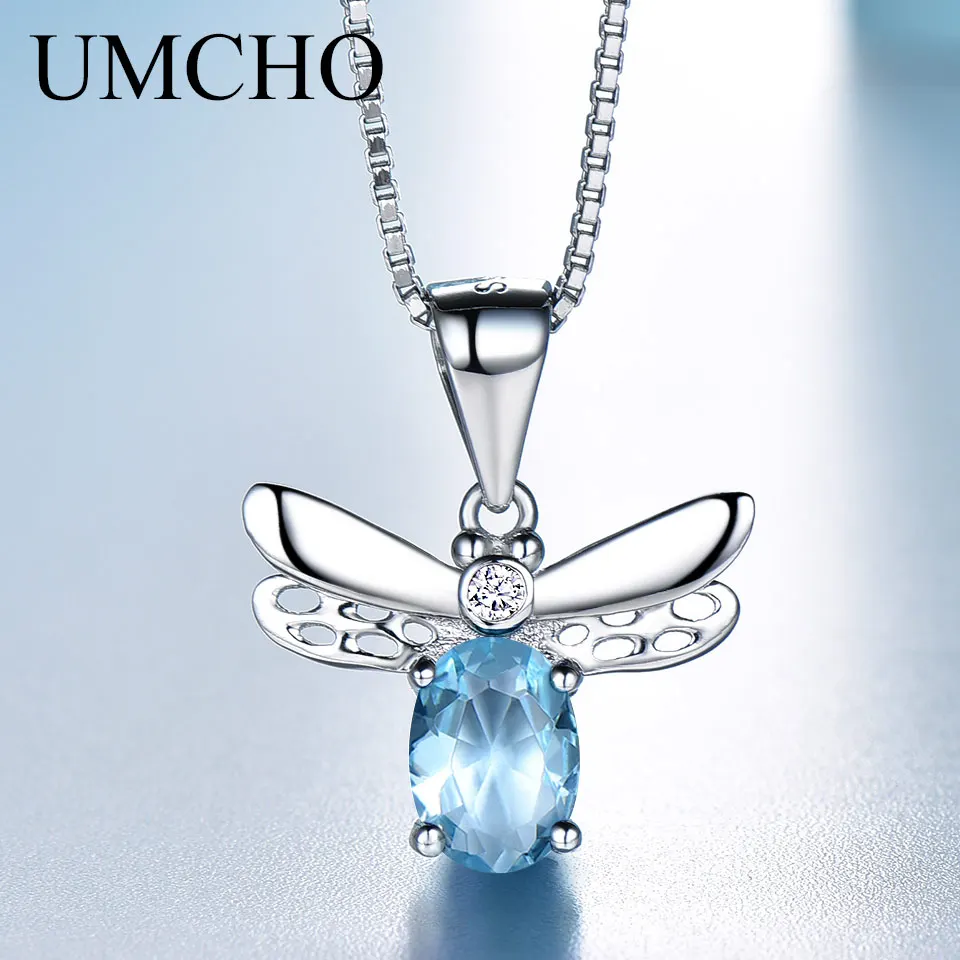 UMCHO Элегантное ожерелье s Подвески 925 пробы серебро овальный создан небо Ожерелье из голубого топаза вечерние для женщин подарок хорошее ювелирное изделие
