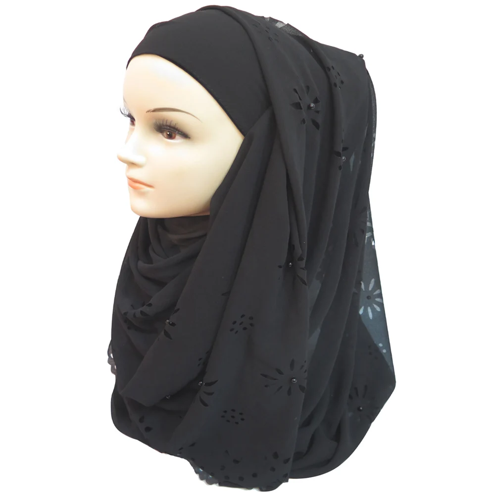 180*85 см Большой размер пузырьковый шифон Цветочный лазерный вырез жемчуг мусульманский хиджаб головной шарф-шаль простые цвета - Цвет: 2 black