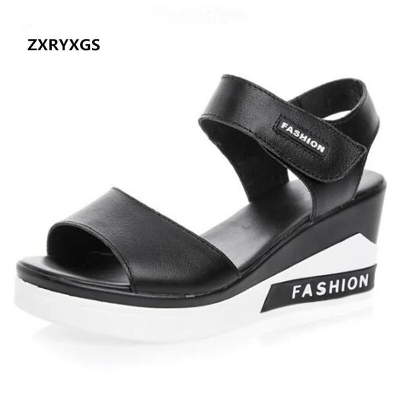 

Elegant Comfortable Fish Mouth Genuine Leather Shoes Woman Wedges Sandals 2019 New Summer Fashion Sandals Women Shoes Sandals