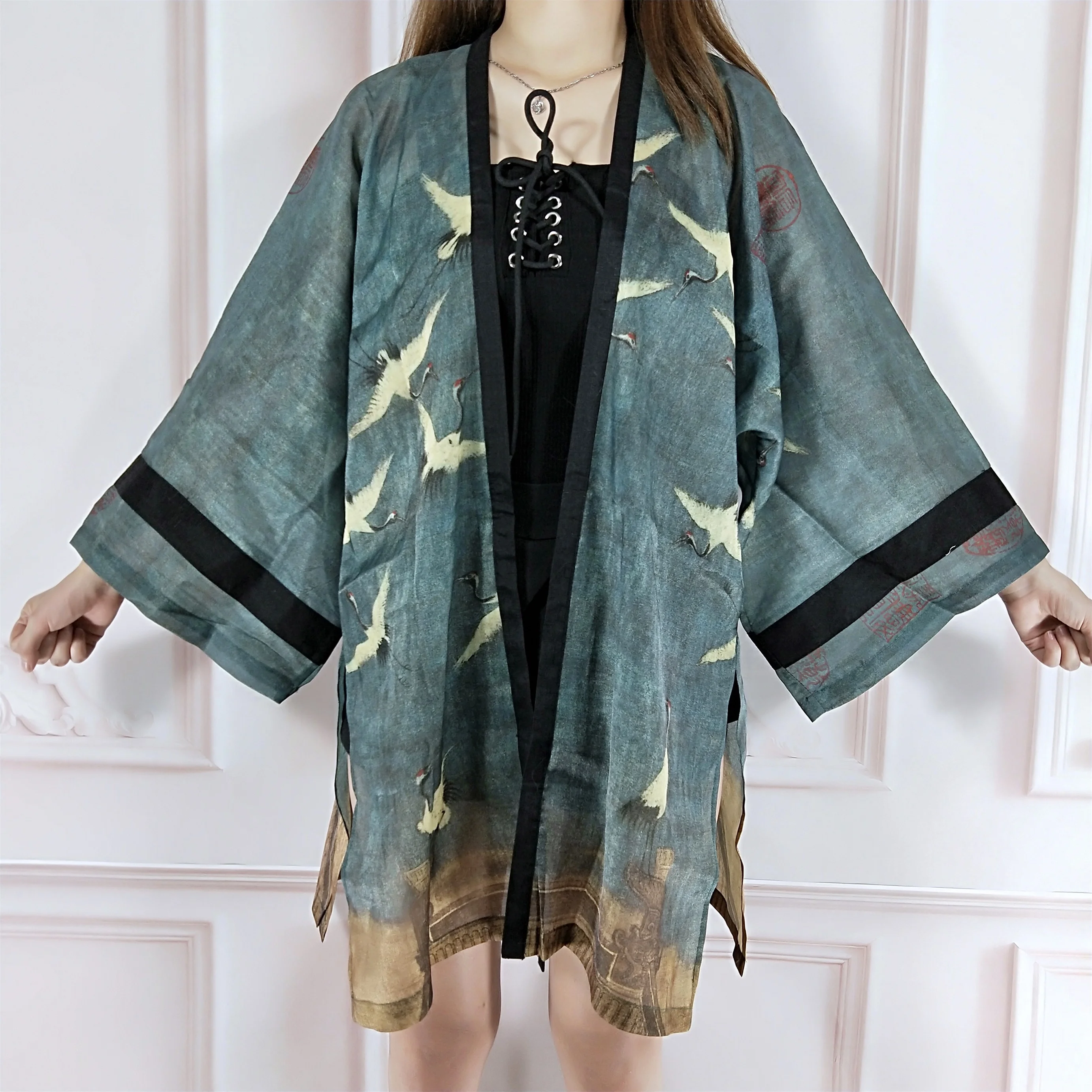 Винтажное японское кимоно, свободный элегантный пояс на талии, пояс с принтом Журавля, кружевная разрезная верхняя одежда, женская летняя куртка, пальто, блузка, топ, рубашка