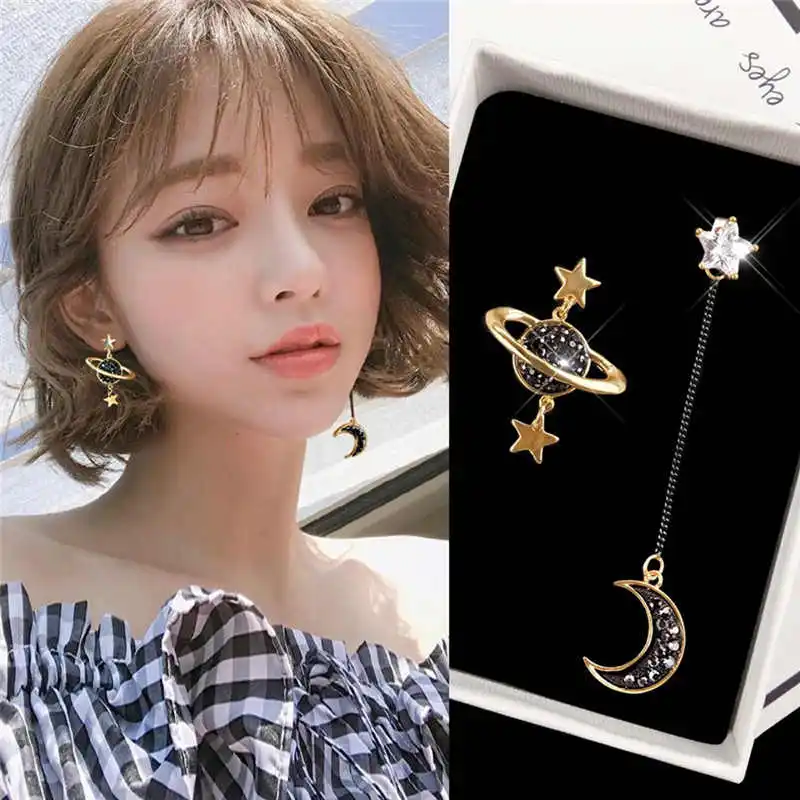 

New Asymmetrical Star Moon Earrings Women Fashion Korean Temperament Earrings Long Personality Ear Jewelry Earrings #4d27